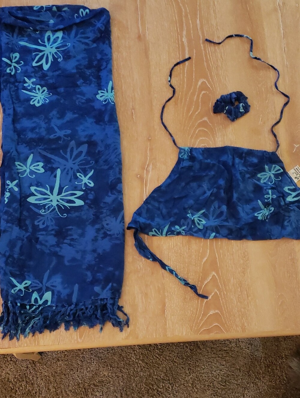 3-Pierce Blue Beach Sarong w/ matching Halter top and Hair  Scrunchie